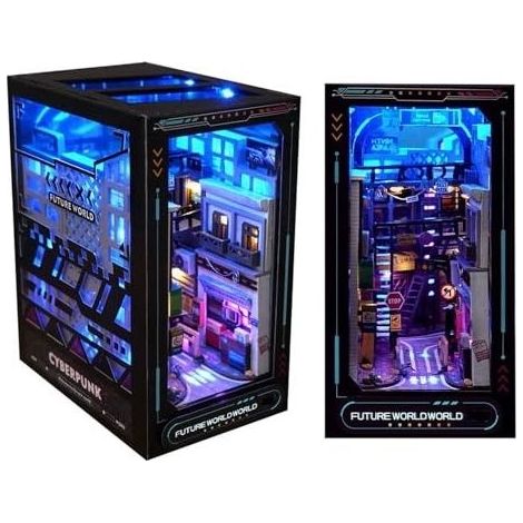 3D Book Nook Kit pour Adultes, Serre-Livres Puzzle en Bois Cyberpunk avec Capteur de Lumière, DIY Décor D'insertion de Bibliothèque Modèle, Cadeaux Spéciaux pour Les Adolescents (1/4)