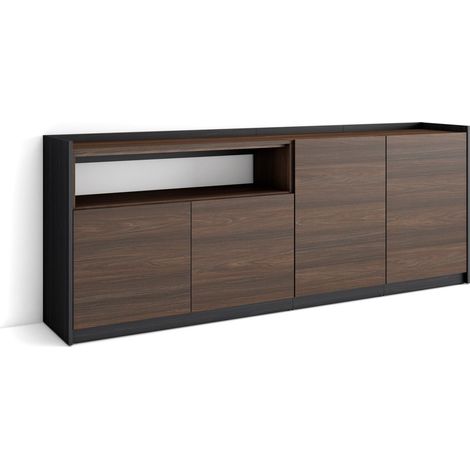Skraut Home - Aparadores para salón, 207x37x80cm, 4 Puertas, Armario, zapatero, Roble oscuro y Negro (1/5)