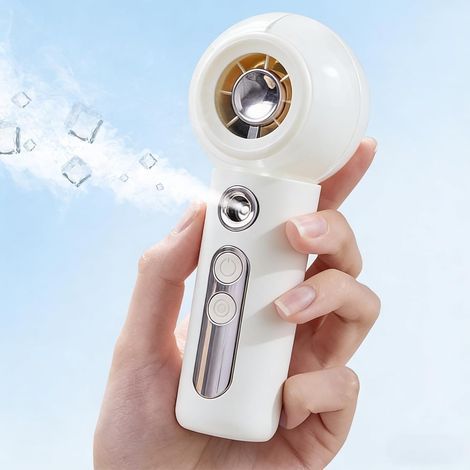 Gemmac Tragbarer USB-Ventilator mit Sprühfunktion, Mini-Handventilator mit Akku und Sprühkopf, 2000 mAh Akku, 4 Geschwindigkeitsstufen, ideal für unterwegs und zum Schminken im Büro – Weiß (1/5)