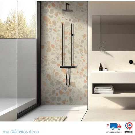 Panneau de douche : Terrazzo pastel et coloré - Couleur Beige orange - Alu composite - 90 - 245 (1/4)