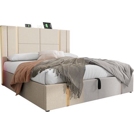 Lit Coffre Lit Double avec USB, Type-C et LED Réglable 140×200 cm, sans Matelas, en Lin, Beige (1/4)