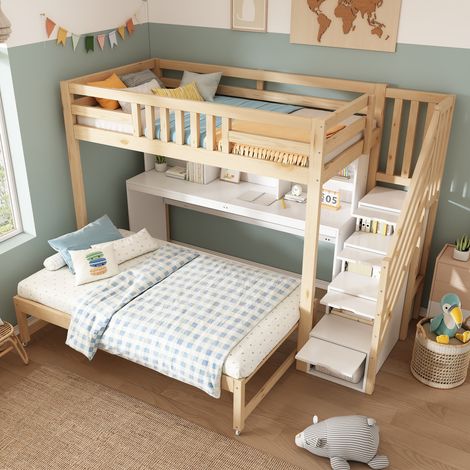 Letto a castello 254x97x165 cm bianco e rovere in legno con letto estraibile, scrivania mobile e scaffali (1/5)