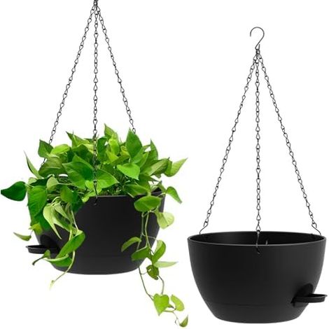 25cm Selbstbewässernde Hängende Blumenampel 2er-Set – Blumentopf Hängend Innen & Außen, Hängeblumentöpfe mit Drainage für Balkon, Wohnzimmer, Küche,Schwarz
