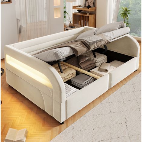 Cama tapizada 140x200 cm beige de franela con almacenamiento hidráulico y LED (1/5)