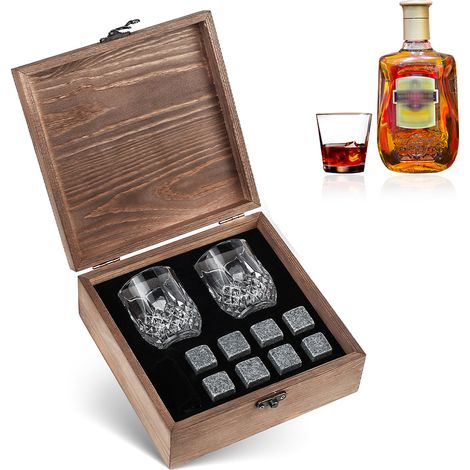 Coffret Pierres à Whisky Granit 8pcs 2 Verres Boîte Bois Glaçons Réutilisables Sans Dilution (1/5)