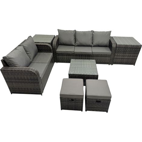 Fimous Wicker PE Rattan Garden Outdoor Furniture Set Love Sofa Square Coffee Table Set with 2 Side Tables 2 Small Stools Dark Grey Mixed (1/5)