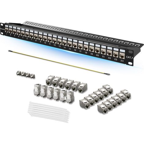 Panneau de brassage CAT 7 - 24 ports - 19" - Avec 24 modules Keystone Cat7 blindés - Montage en rack - Réseau LAN RJ45 10 Gbps/550 MHz - Avec protection EMI/RFI et kit de gestion des câbles (1/5)