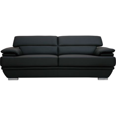 Miliboo – Canapé droit 3 places cuir pleine fleur noir – Têtières ajustables – Structure en acier chromé – Dimensions L214 x P98.5 x H70-90 cm