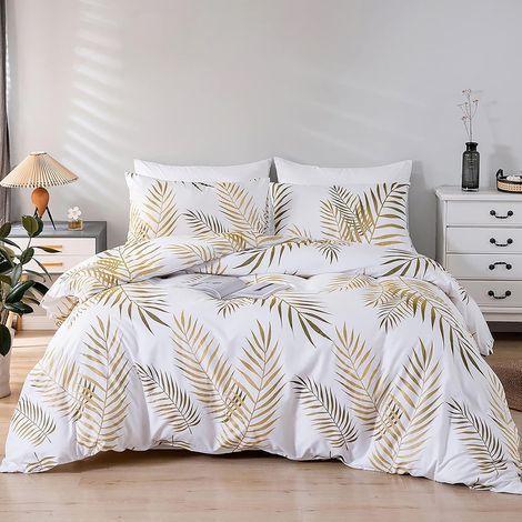 Set Housse de Couette 220x240 cm 2 Personnes et 2 x Taies d'oreiller 50x75 cm 100% Microfibre Parure de Linge de Lit Motif Feuilles Tropicales Dorées Botanique avec Fermeture Éclair, Or Blanc (1/5)