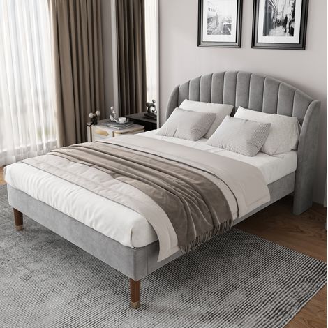 Lit tapissé 160/200 cm gris en velours avec tête de lit rembourrée et sommier à lattes (1/5)