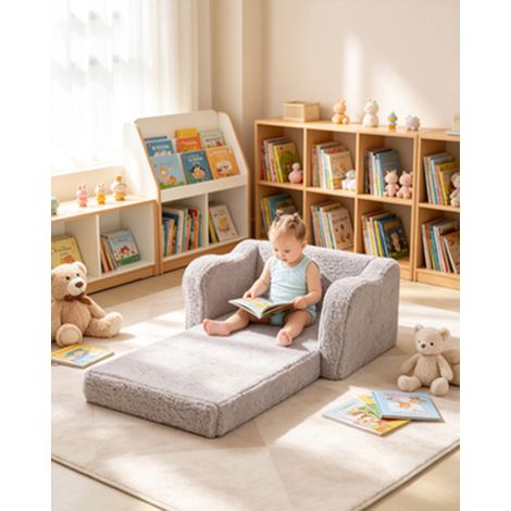 Canapé enfant 2 en 1 convertible en mousse avec revêtement sherpa doux, fauteuil de jeu confortable pour enfants, gris (1/4)