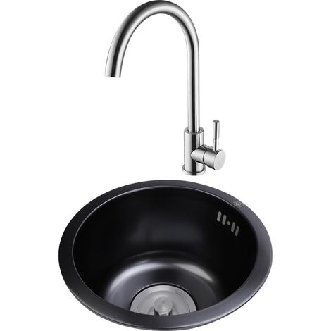 Évier Simple Rond en Acier Inoxydable, Diamètre Extérieur de 42cm, évier Rond, évier de Cuisine encastré (Nano Noir) (1/5)