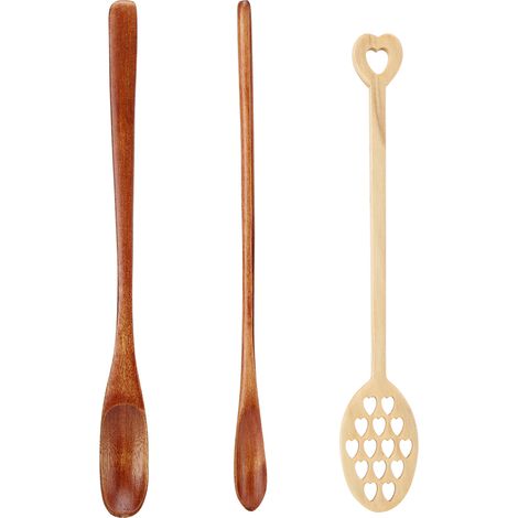 3 Pièces Cuillère en Bois à Long Manche pour Mélanger Café, Lait, Miel - Cuillère Percée pour Cuisine (1/5)