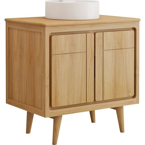Mobile bagno in teak con piedi e lavabo da appoggio rotondo in ceramica 80 cm - BINTUNI (1/4)