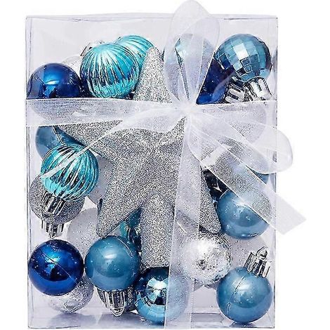 30 boules de Noël décoratives pour sapin, pour la décoration de fêtes de Noël (bleu, blanc, argent) (1/4)