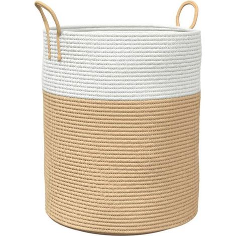 Panier de rangement beige et blanc, 38 cm de diamètre, 46 cm de hauteur, en coton. (1/5)