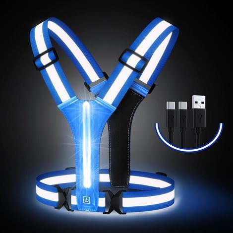 USB Rechargeable LED Safety Running Vest, Blue, with Safety Indicator and Reflective Belt, Running Vest with 3 Lighting Modes, for Jogging, Camping etc. (1/5)