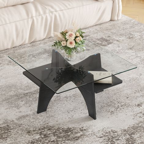 Table basse carrée 80x80 cm, hauteur 40 cm, en verre de sécurité et MDF aspect bois - noir (1/5)