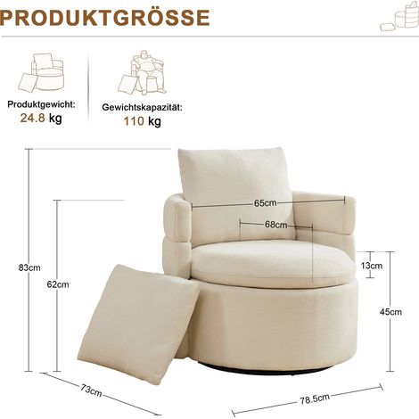 Fauteuil pivotant 360° ivoire avec espace de rangement secret, dossier rembourré épais, siège design moderne pour salon, chambre ou coin lecture