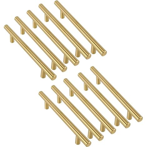 10pcs En Doré acier inoxydable Poignée de Meuble Cuisine Doré Brossé -Poignée de Porte Cuisine Dorée Poignée Meuble Dorée Poignée Tiroir Entraxe 64mm (1/5)