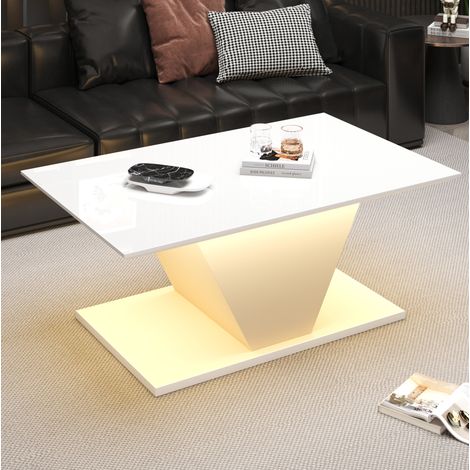 Tavolino 100 x 50 x 46 cm con illuminazione LED, piano lucido, design a V, bianco HAVRYA (1/5)