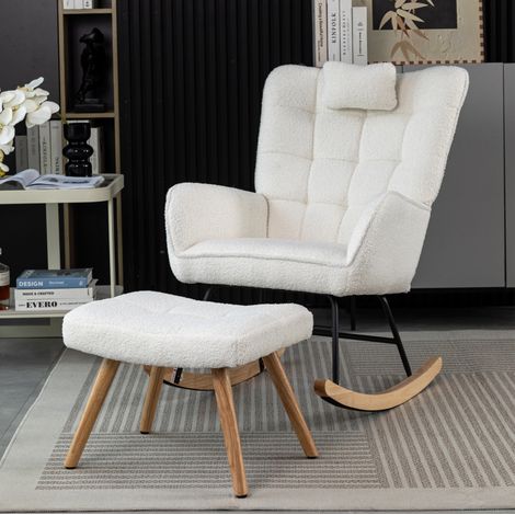Poltrona a dondolo bianca in bouclé, 92 cm, con cuscino e poggiapiedi HAVRYA (1/5)