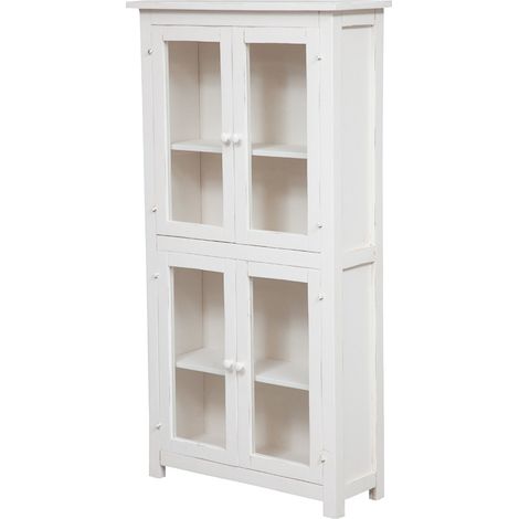 Biscottini – Vaisselier champêtre en tilleul massif – Finition blanche patinée – Dimensions L68xPR25xH130 cm – 4 étagères avec portes en verre