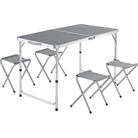 Casaria Mesa de aluminio plegable XXL 4 taburetes plegables función de maleta Camping transporte fácil Gris/Blanco jardín Gris (1/5)