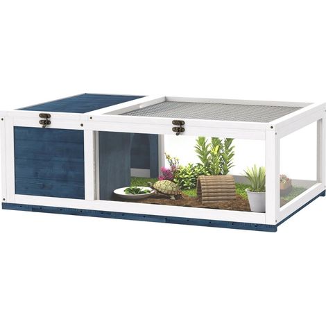 Maison pour tortue en bois bleue avec deux espaces, fenêtres panoramiques et couvercle ouvrant, 91 x 60,5 x 32 cm, pour reptiles, CHICFURN (1/5)