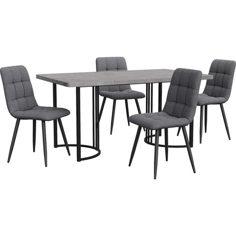 Ensemble salle à manger 5 pièces avec table 140x80 cm MDF gris et 4 chaises en lin gris foncé pieds métal noir (1/5)
