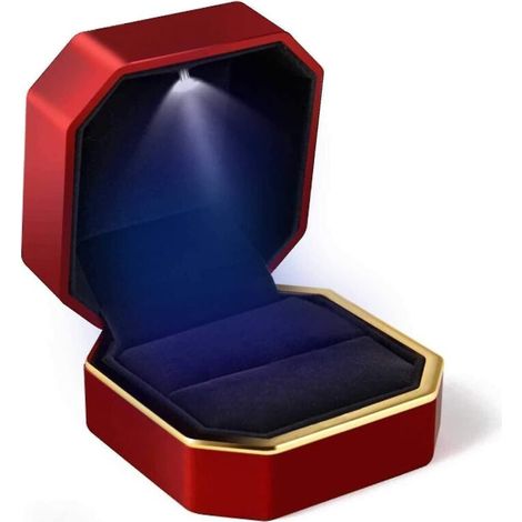 Luxuriöse Ringbox, quadratisches Etui aus rotem Samt mit LED-Beleuchtung (1/5)