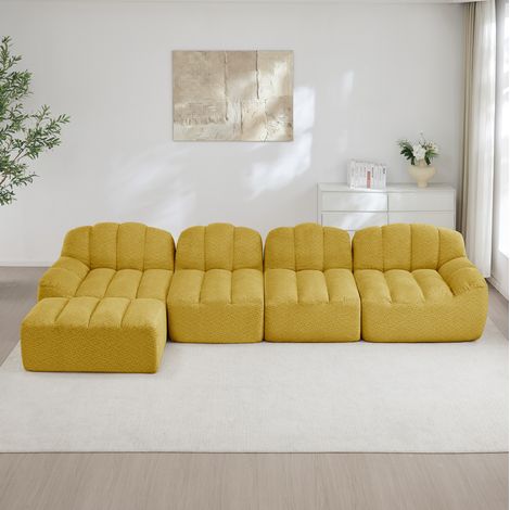 Divano modulare in fleece granulare giallo, senza telaio rigido, configurabile con ottomana da 2 a 4 posti (1/5)