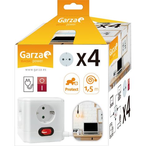 Garza Power - Regleta Base múltiple Cubo de 4 Tomas con interruptor, cable 1.5mm x 1.5 metros, color Blanco (1/3)