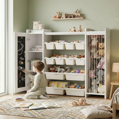 12 Bacs Meuble de Rangement Enfant pour Jouets et Peluches avec Tableau à Craie et Espace Cordes Blanc (1/5)