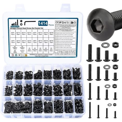 1414 Pcs Vis et écrous, M2 M3 M4 M5 Boulons et écrous, Boulon et Rondelles Set, Vis à Tête Hexagonale, Assortiment Kit, Visserie Boulons Vis à Six Pans Creux à Tête Ronde, Noirs (1/5)
