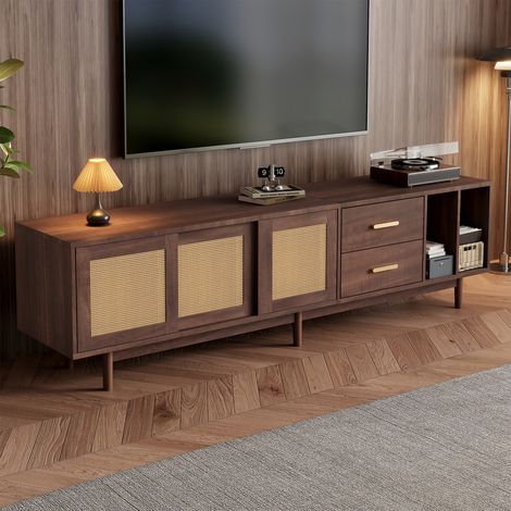 Mobile porta TV - Adatto a TV da 75 pollici, Mobile basso con 3 ante e 2 cassetti, Mobile per soggiorno/camera da letto, MDF, Marrone (1/5)