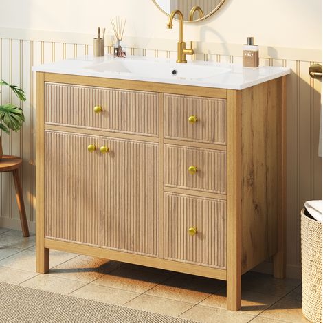 MODFU – Mobile bagno 91x48 cm in MDF/legno massello/ceramica con lavabo, cassetti, ante soft-close e carico 80 kg – Legno naturale (1/5)