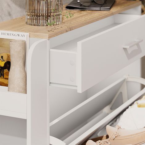 Zapatera Movino, Blanco/roble, 88.4 x 101.6 cm Con compartimentos abiertos y cerrados, Vicco (1/5)