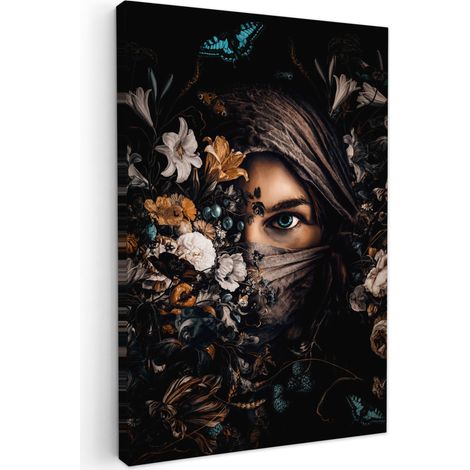 TABLEAU SUR TOILE Femme - Luxe - Fleurs - Papillon - Portrait Tableau Chambre Adulte 90x140 cm