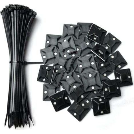 Pack of 100 adhesive cable tie holders, 25 mm x 25 mm, black, self-adhesive, plastic cable tie holders, 100 free 150 mm cable ties