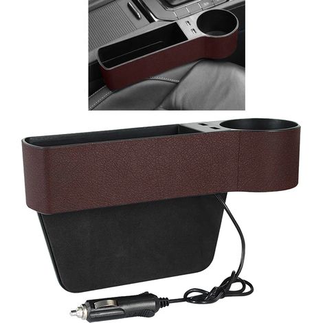 (Marron passager) Poche de rangement latérale pour console de siège auto avec 2 porte-gobelets de chargement USB (1/5)