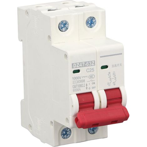 Disjoncteur bipolaire CC 1000 V, disjoncteur 25 A, montage sur rail DIN, pouvoir de coupure de 6000 A (1/5)