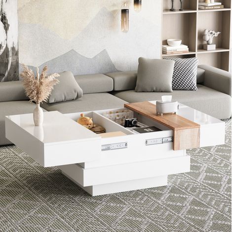 Couchtisch 70x70x39 cm, ausziehbare Tischplatte, versteckter Stauraum, hochglänzende Tischplatte, Weiß (1/5)