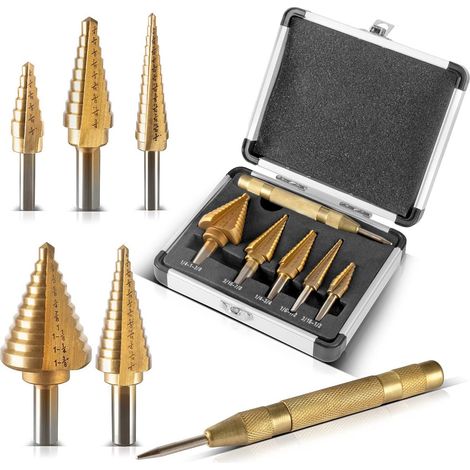 JSSEVN - HSS step drills/conical drills, 6-piece set, countersinks/metal drills, including automatic drill bits and aluminum case (1/5)