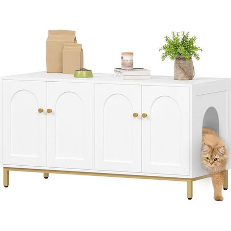 Maison de toilette pour 2 chats – Meuble à litière 119×50×61 cm – Panneau de particules et acier – Design élégant blanc et or