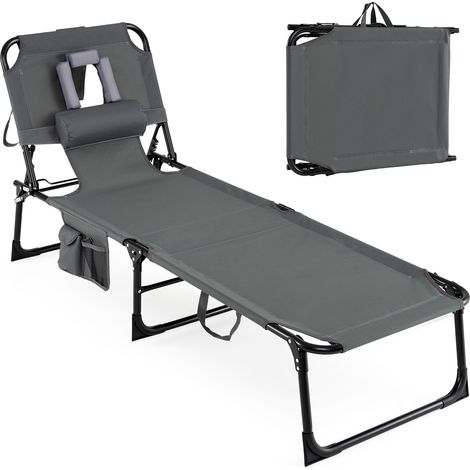Bain de Soleil Inclinable à 5 Angles avec Trous pour Visage & Bras, Pochette et Appuie-Tête, Transat en Métal & Tissu Oxford, Charge 150KG, Gris (1/5)