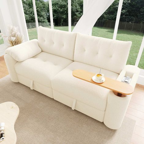 Canapé modulaire 3 places convertible rangement repose-tête table intégrée beige salon (1/5)