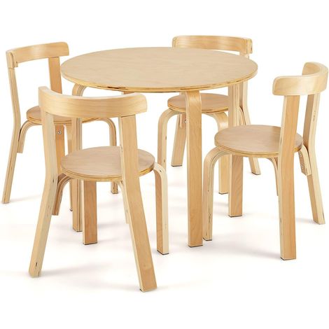COSTWAY Set Tavolo e Sedie per Bambini - Schienale Curvo in Legno, 4 Sedie, Tavolo Attività per Bambini, Capacità di Peso 25kg, 4+ Anni, Naturale (1/5)