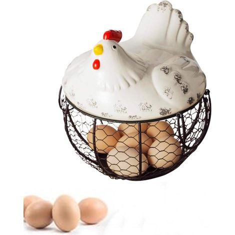 Estante huevos, Cesta huevos, Cartón huevos, Frutero gallina Cesta cerámica almacenar huevos Cesta hierro 15 huevos, Contenedor huevos, Blanco (1/5)