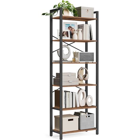 Libreria a 6 ripiani con struttura in acciaio per soggiorno ufficio ingresso altezza 186 cm stile industriale marrone rustico e nero 120005455